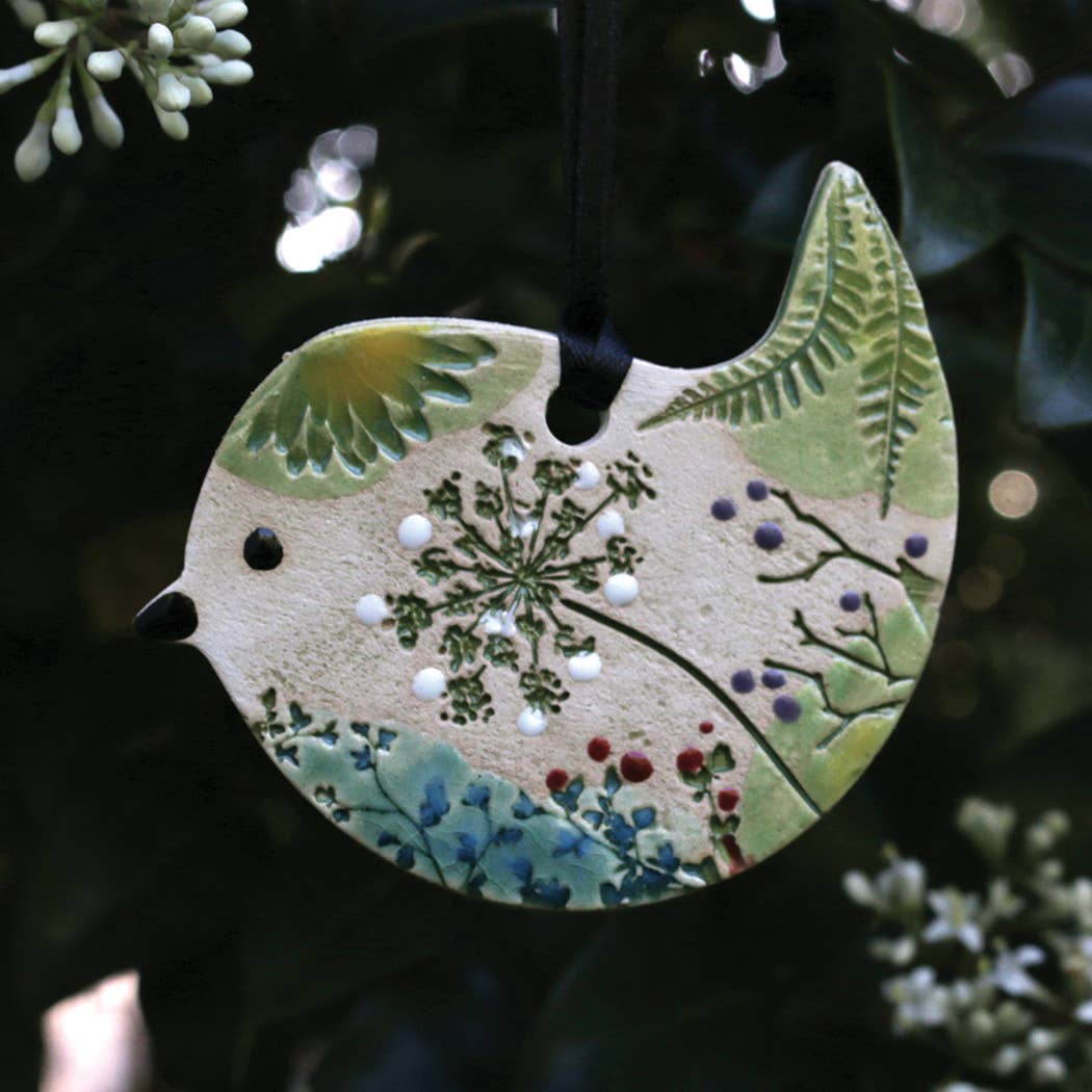 Pottery Ornament - Bird Pressed Flowers