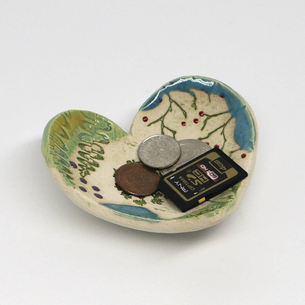 Pottery Dish Bowl - Heart Large Pressed Flowers