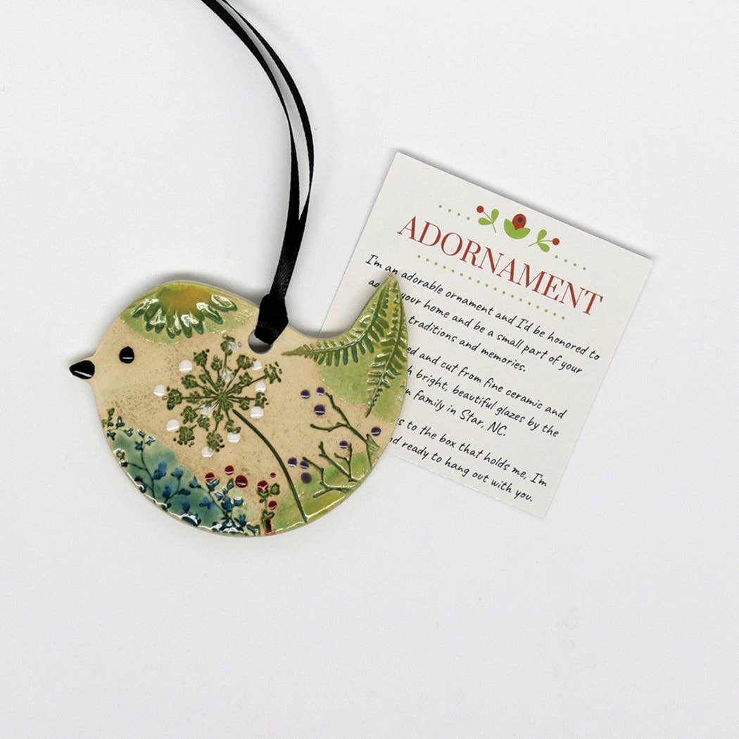 Pottery Ornament - Bird Pressed Flowers