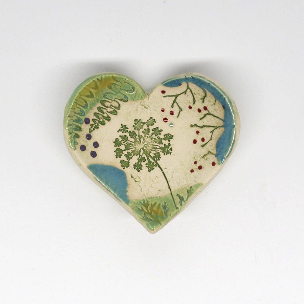 Pottery Dish Bowl - Heart Large Pressed Flowers