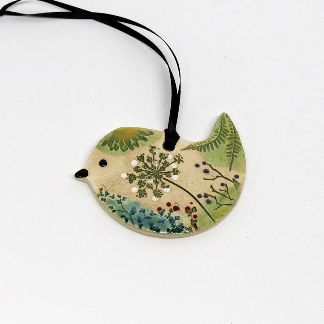 Pottery Ornament - Bird Pressed Flowers